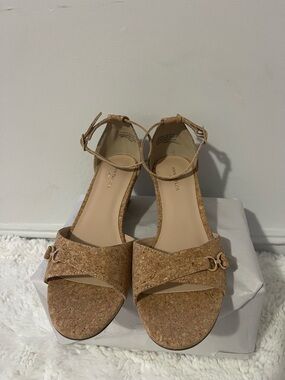 Ann Taylor Cork Ankle-Strap Block Heel Sandals in Natural Tan